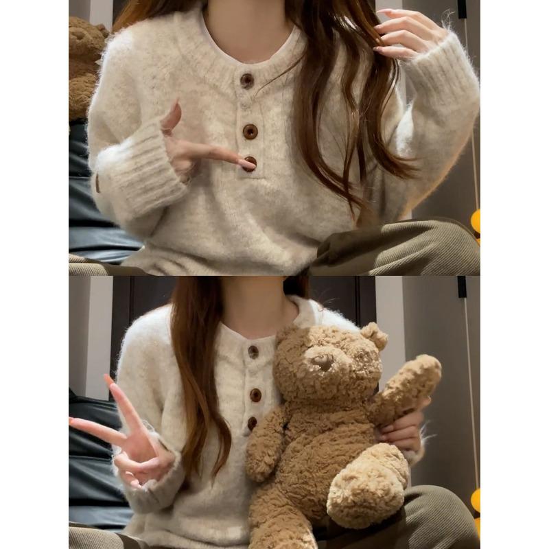 Plush button-up Henry collar knitted top women's autumn and winter temperament soft waxy shoulder sleeves loose sweater bottoming shirt