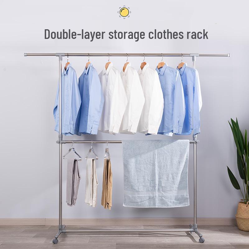 Double-Layer Telescopic Clothes Drying Rack: Outdoor/Indoor, Extendable, Mobile, Single-Pole Rack