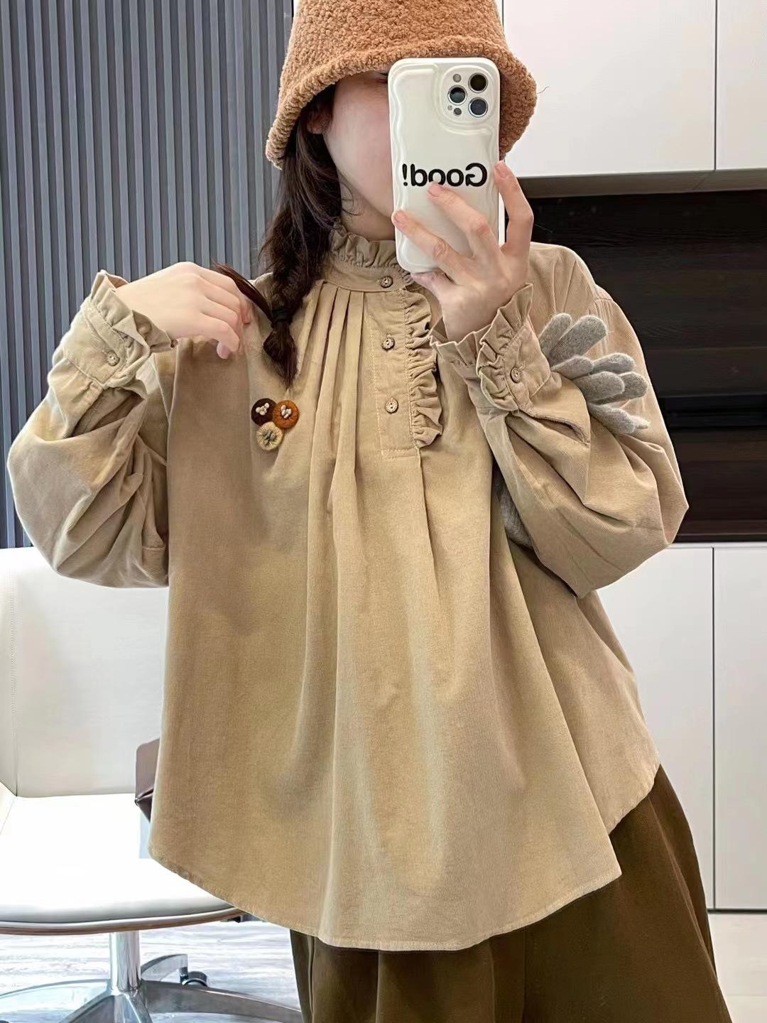 

Johnature Японский лесной гриб Воротник-стойка Полуоткрытая вельветовая рубашка Женская Осень Зима Свободные Универсальные топы Женские One Size хаки