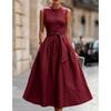 Women's Crew Neck Sleeveless Midi Dress Slim Fit Mid Waist Elegant Linen Blend Solid Color Button Front Tie Belt A-Line Dress