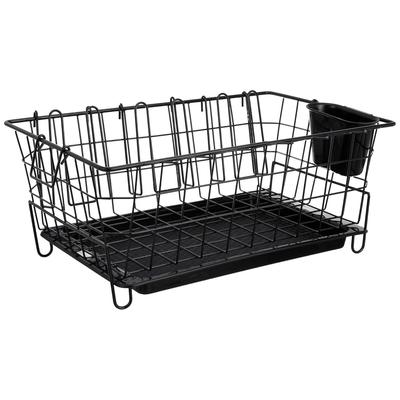 Stainless Steel Luxe Black Steel Dish Drainer with Drain Tray, Detachable Cutlery Stand | Bartan Plate Drying Basket Stand (Black), 55.3 X 37 X 23 Cm