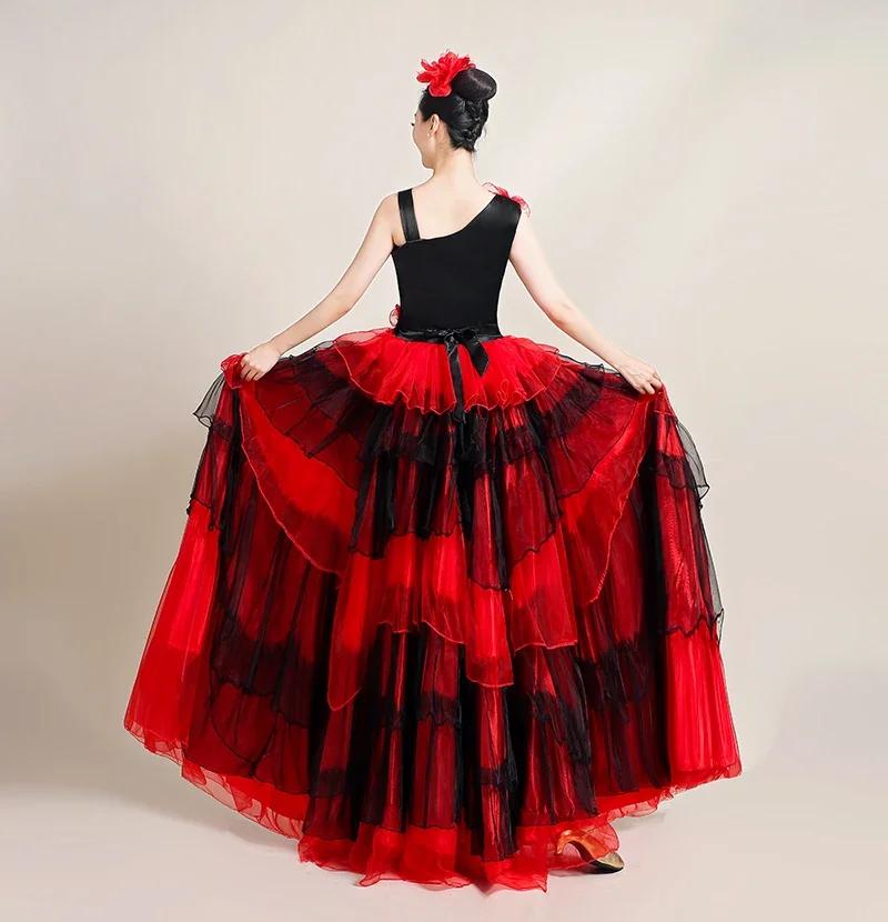 Spanish Flamenco Skirt Polyester Satin Dresses Smooth Big Swing Party Ballroom Belly Dance Dress Carnival Costumes Woman