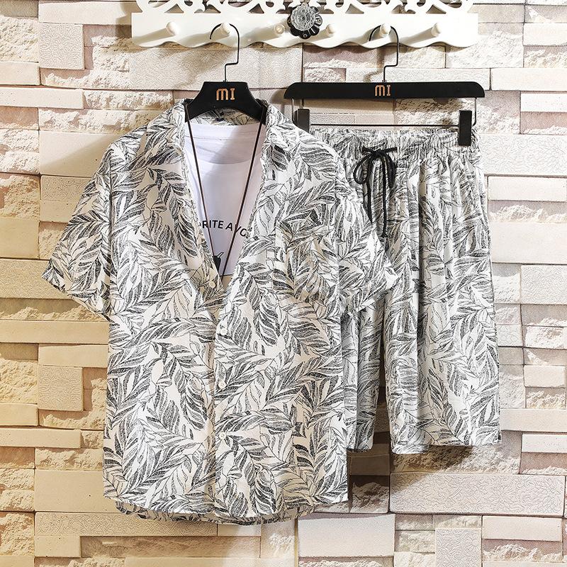 Erkek Set Kısa Kollu Hawaii Gömlek ve Şort Yaz Rahat Çiçek Gömlek Plaj Iki Parçalı Takım Elbise Moda Erkek Setleri
