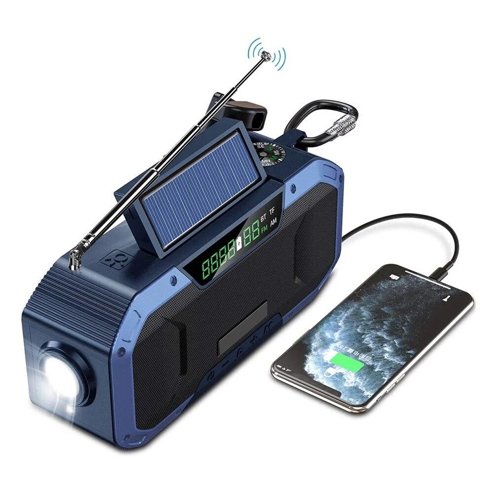 Radio de emergencia AM/FM, Radio de manivela con energía Solar y linterna LED, Banco de energía de 5000mAh, cargador de teléfono, altavoz Bluetooth 5,0