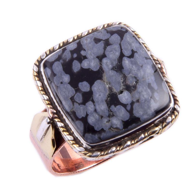 Natural Snowflake Obsidian Gemstone 925 Sterling Silver TwoTone Ring S.10.5 y0H24