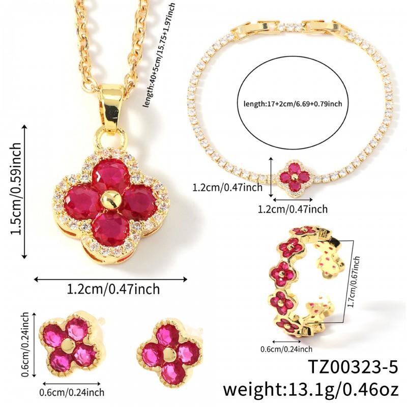 Elegant Four-Leaf Clover Floral Rhinestone Jewelry Set Women Earrings Necklace Bracelet Ring Chic Fashion Accessory