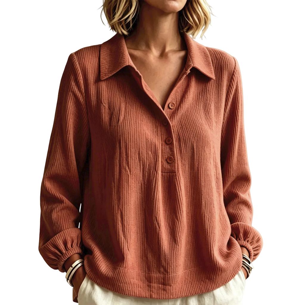 Women's Casual Long Sleeve Buttoned V-Neck Loose Fit Pullover Top for Daily Wear