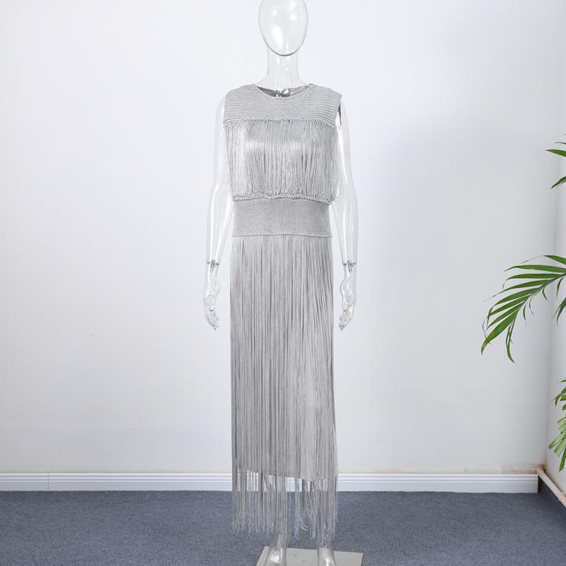 Summer Elegant Tassel Dress Women's Party Sleeveless Dress Two-piece Set Fashion Maxi Skirt Set