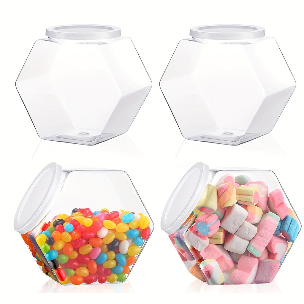 4pcs Hexagonal Plastic Candy Jar Clear Cookie Containers for Snacks Airtight Dry Goods Containers for Kitchen Pantry