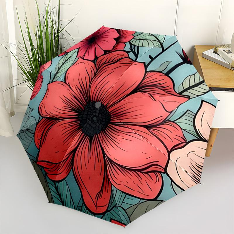 1pc Floral Pattern Automatic Open/close Folding Compact Umbrella, 8-Rib Sturdy Canopy, Lightweight Portable, Everyday Use, Gift, Outdoor Umbrella, Tra