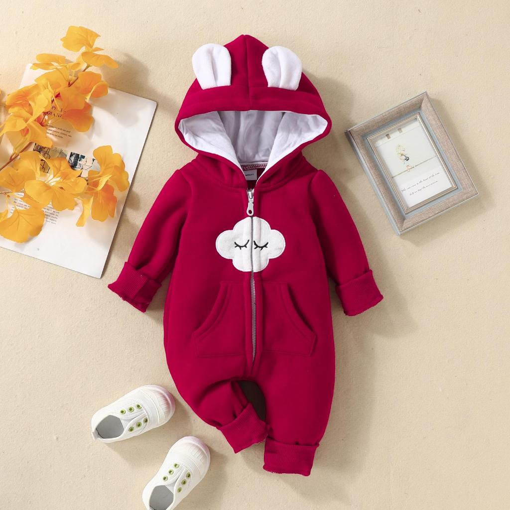 Kapuzen-Strampler für Babys und Kleinkinder: Reißverschluss mit Schleife, Erdbeerdesign, für 0-2 Jahre, Herbst/Winter Strampler.