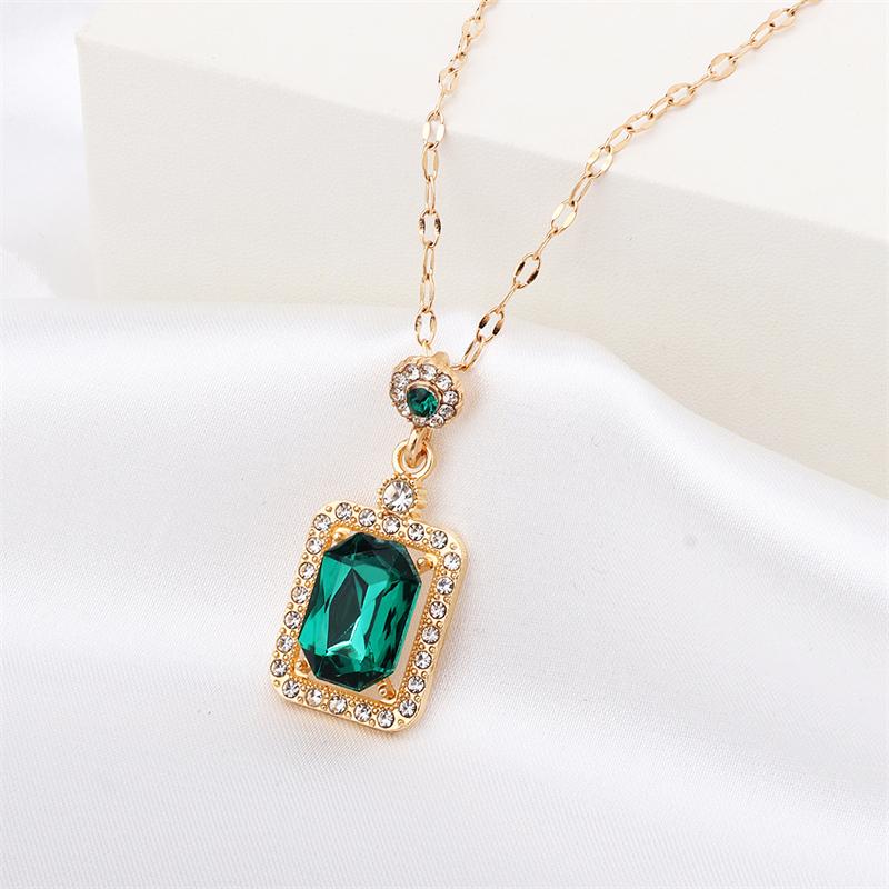 Green Color Square Crystal Stone Jewelry Set Classic Fashion Retro Earrings Necklace Bridal Birthday Girl Gift Wedding