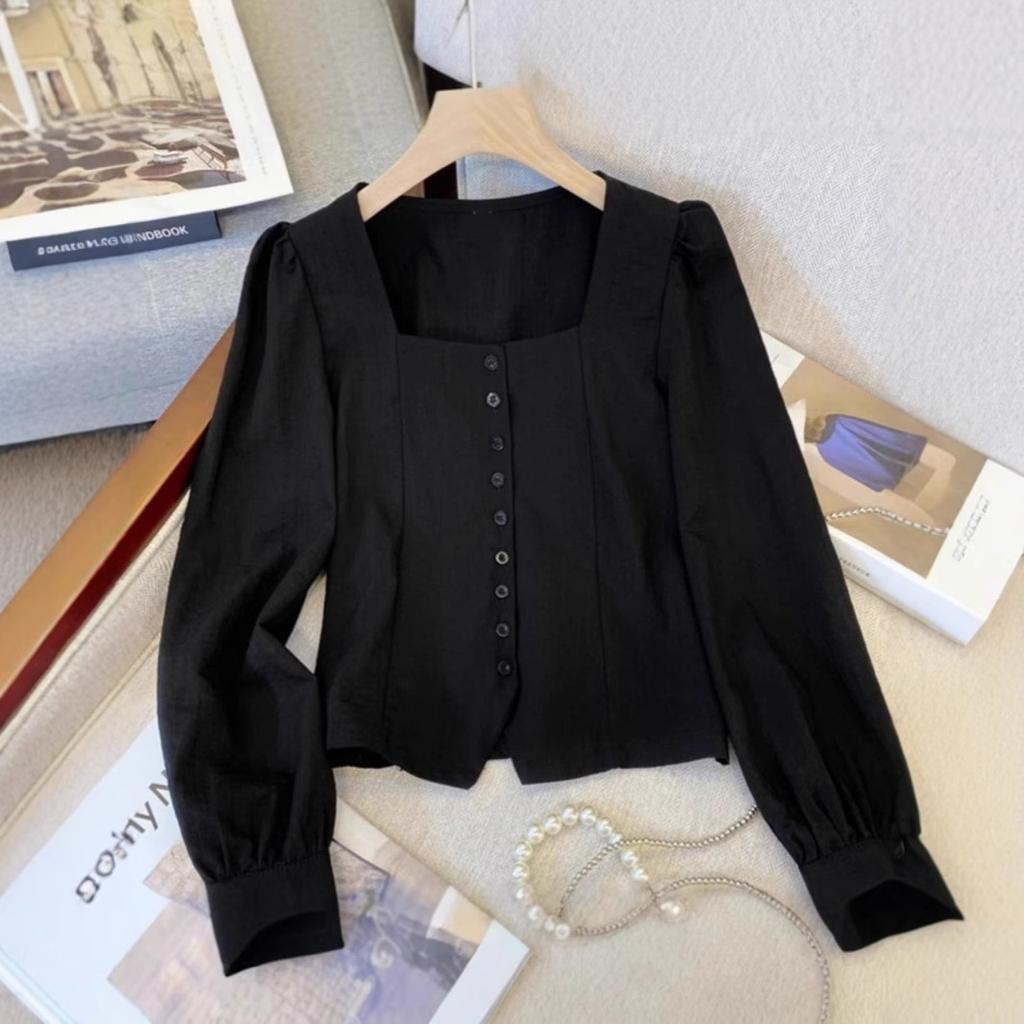 Women's Plus Size French Square Neck Blouse Puff Long Sleeve Single Breasted Pleated Slim Casual Shirt For Curvy Figures