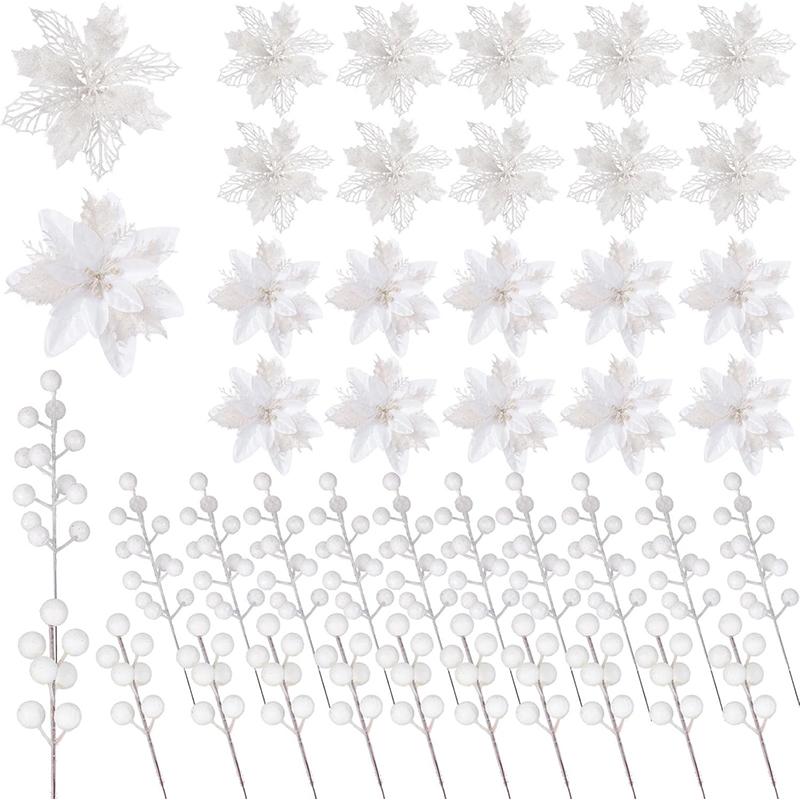 

20СМ Искусственные Блестящие Ягодные Стебли Рождественские Цветы Украшение для Рождественской Елки Домашний Декор DIY Аксессуары для Рождественского Венка 10Pcs белый