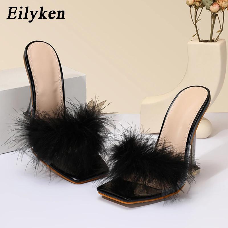 Fashion Eilyken New PVC Shoes Slippers Woman Feather Transparent High Heels Fur Pumps Square toe Mules Lady Slides