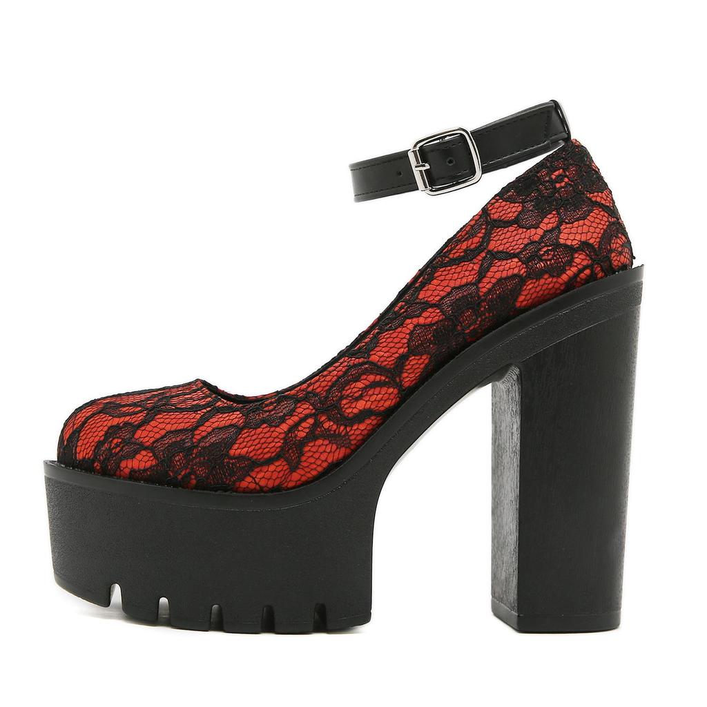 Gdgydh Red Wedding Mary Janes Women Shoes with Lace Aankle Strap Waterproof Platform Pumps High-Heeled Shoes Round Toe