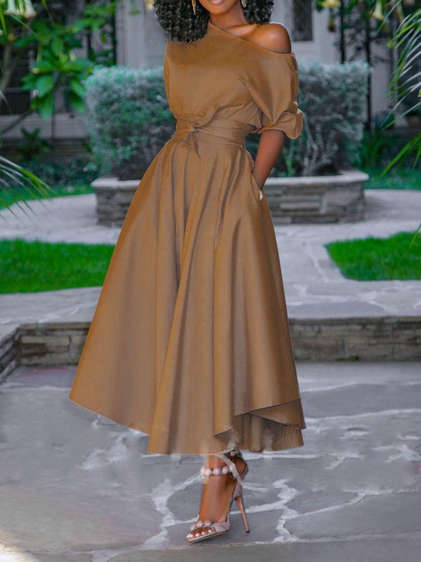 

Летняя новинка, европейская и американская женская одежда, одно плечо, шнуровка на талии, платье средней длины, юбка средней длины S серый