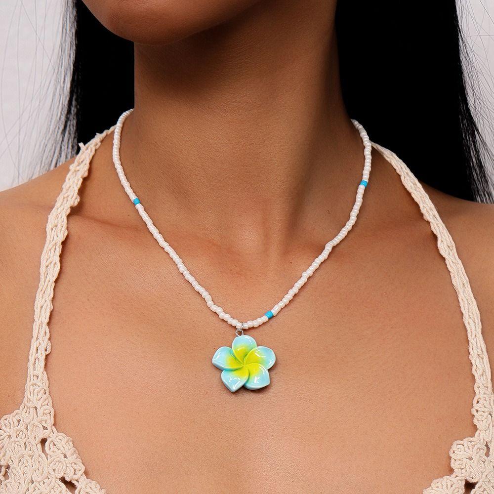 5Pcs Colorful Bead Choker Resin Plumeria Necklace Fashion Flower Beaded Necklace  Daily Wear