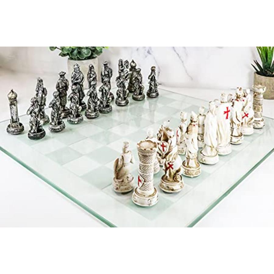Hand Painted Medieval Crusader Knights of The Cross Christian VS Muslim Saladin Ottoman Empire Resin Chess Pieces with 15 by 15
