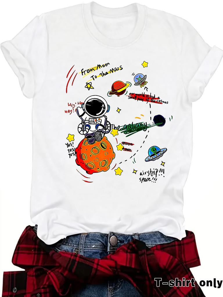 Damen T-Shirt mit Astronauten-Print Kurzarm Lockeres Mode-T-Shirt