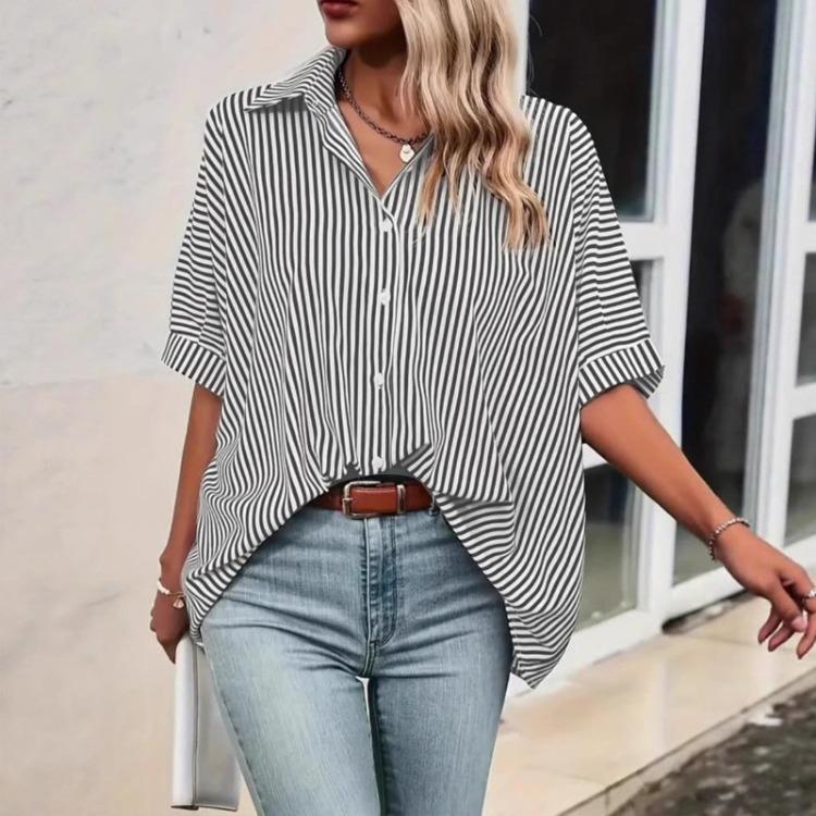 Summer Loose Striped Shirt Women Five Quarter Sleeve S чёрный