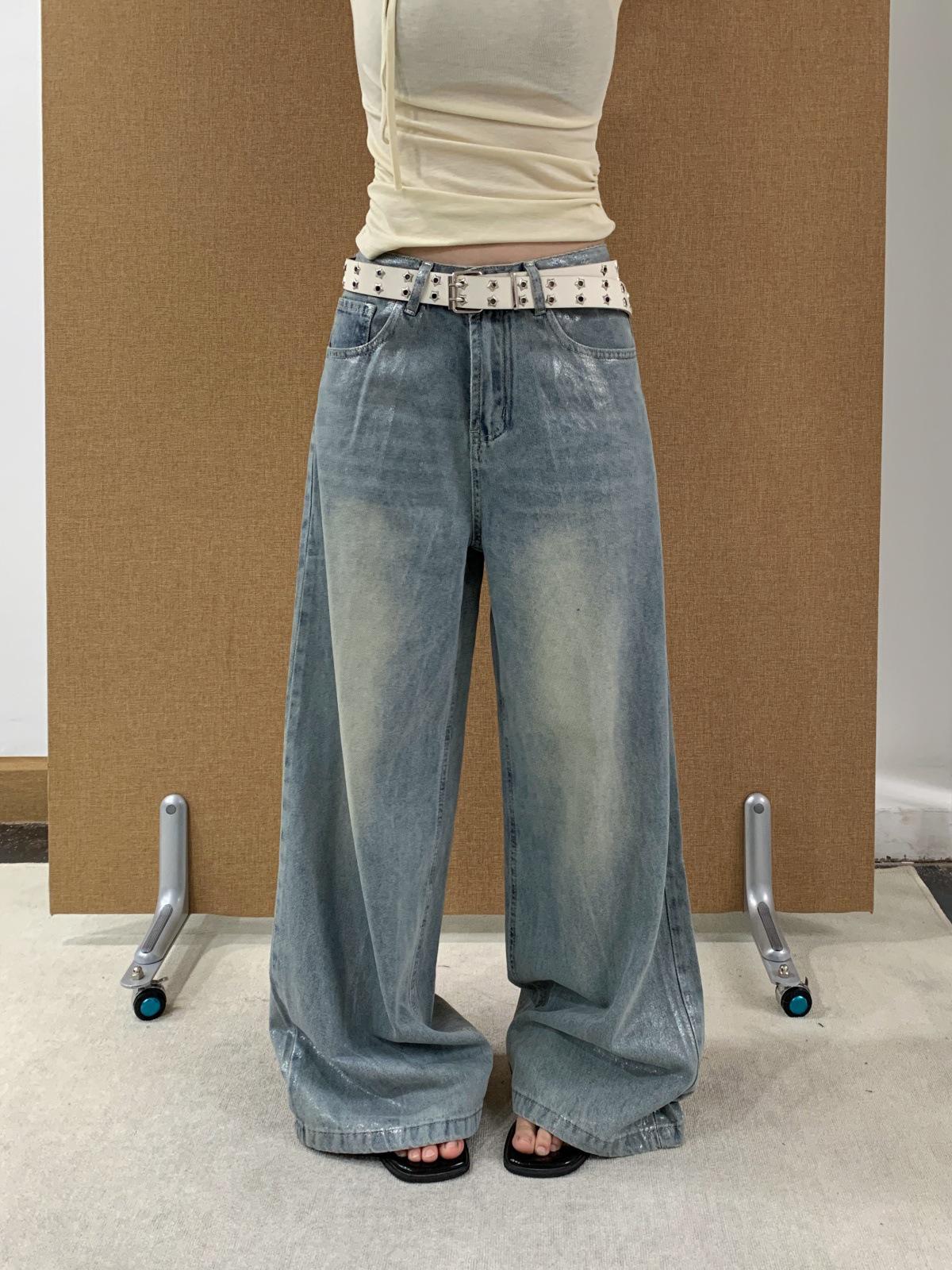 

See 3L Women s Silver Paint Wash Wide-Leg Jeans, Low-Waist, Loose Fit, Spring Style (0173) Extra Large