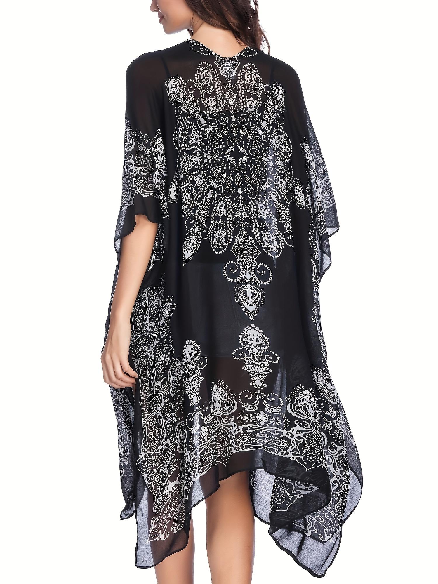 

Черный цветочный принт с боковым разрезом, открытая передняя часть, пляжный кардиган в стиле бохо с коротким рукавом, женские купальники и одежда для отдыха One-size чёрный