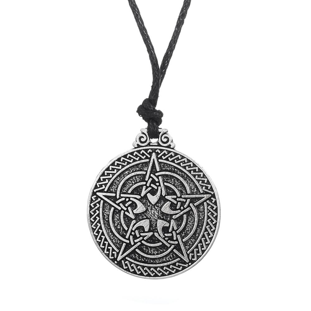 Teamer Wicca Round Necklace Men Norse Viking Runes Tree of Life Seal Pendants Wax Cord Link Chain Men's Necklace Jewelry Gifts