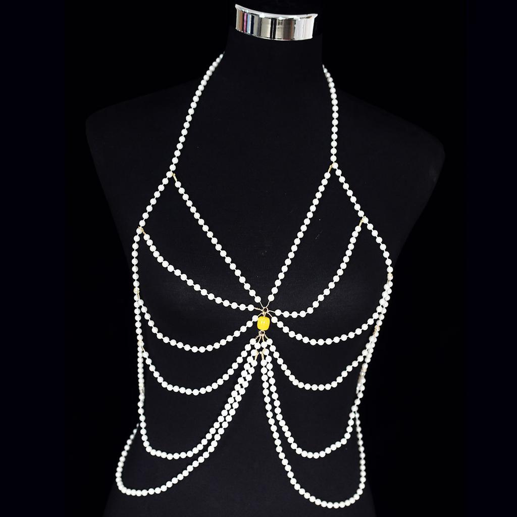 Fashionable Multi-layer Imitation Pearl Body Chain for Stage Performance, Trendy and Versatile Simple Chest Chain, Music Festival Banquet Costume