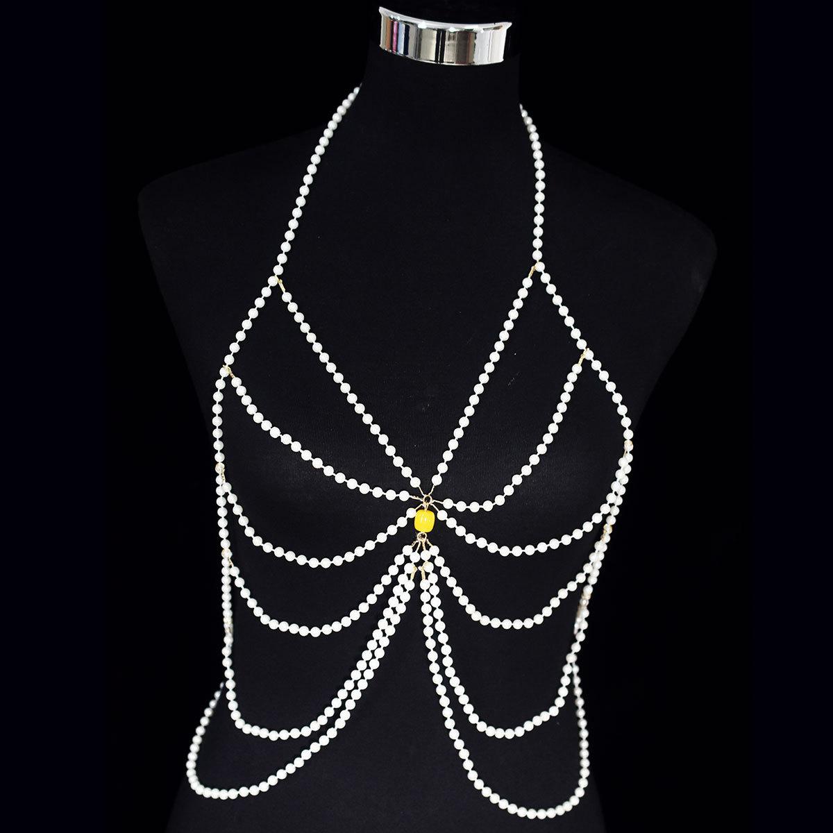 

Fashionable multi-layer imitation pearl body chain for stage performance, trendy and versatile simple chest chain, music festival banquet costume