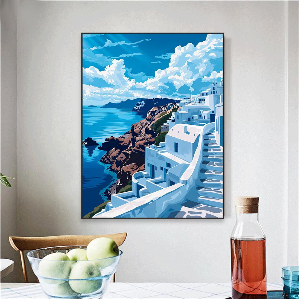 Greek Island Coastal Blue Sea Art Poster Classical Santorini Landscape Print Greece Seascape Canvas Painting Mediterranean Decor