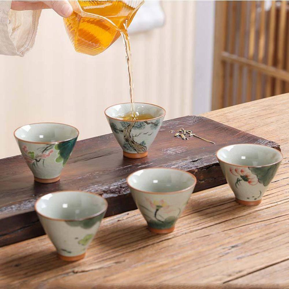 Lotus Graphic Ge Kiln Ceramic Tea Cup Hand-painted Tea Tasting Cups Kung Fu Tea Cup  Tea Making