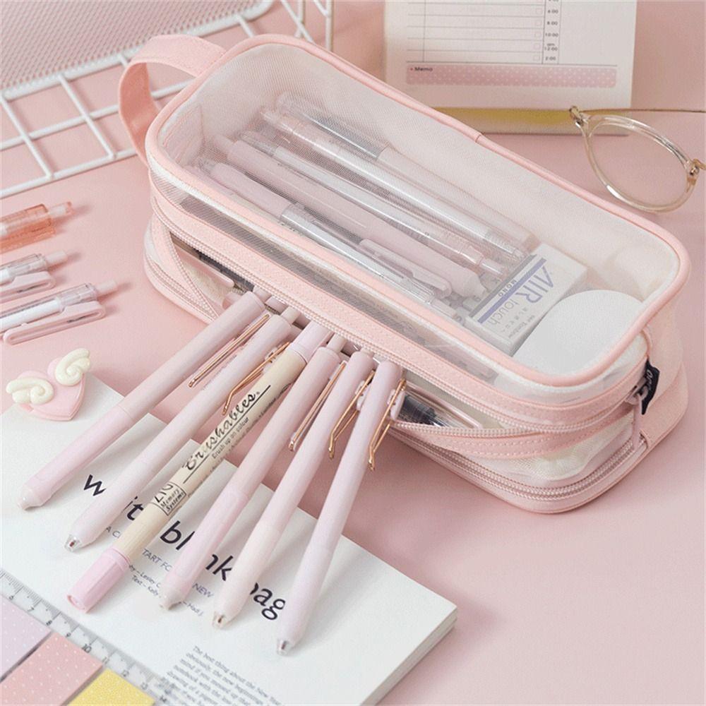Large Grid Mesh Pencil Case Two Compartment Marker Pouch Stationery Organizer Multi-Color Zipper Closure Pencil Bag