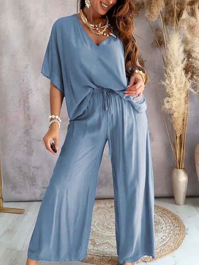 V-Neck Batwing Sleeve Casual Two-Piece Set with Wide-Leg Pants (2025) Women's Fashion