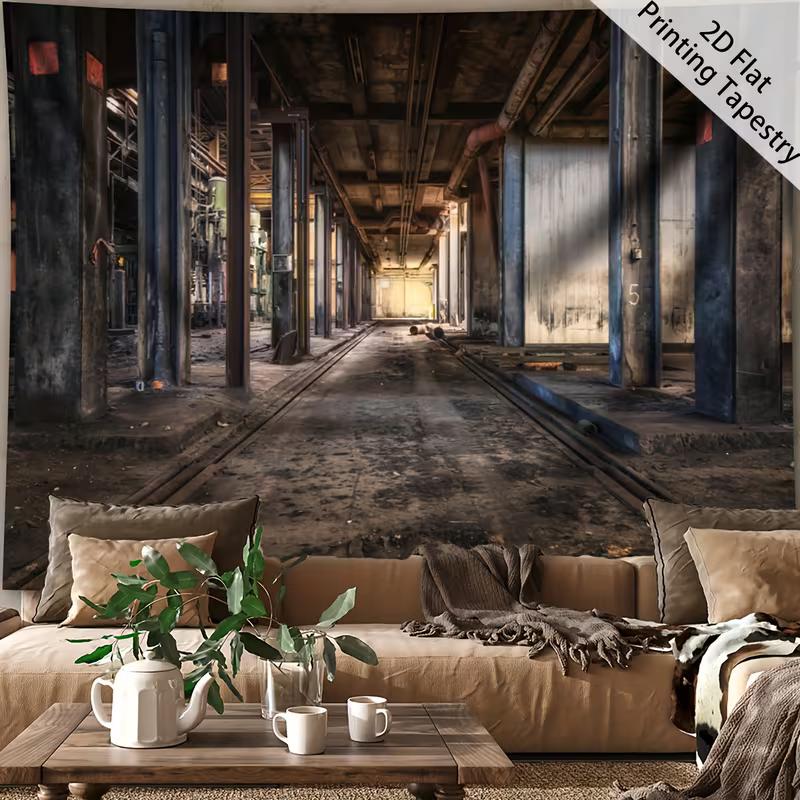 

2D Grunge Factory Tapestry Vintage Warehouse with Railroad Tracks Wall Background 47.2x31.5inch/120*80cm
