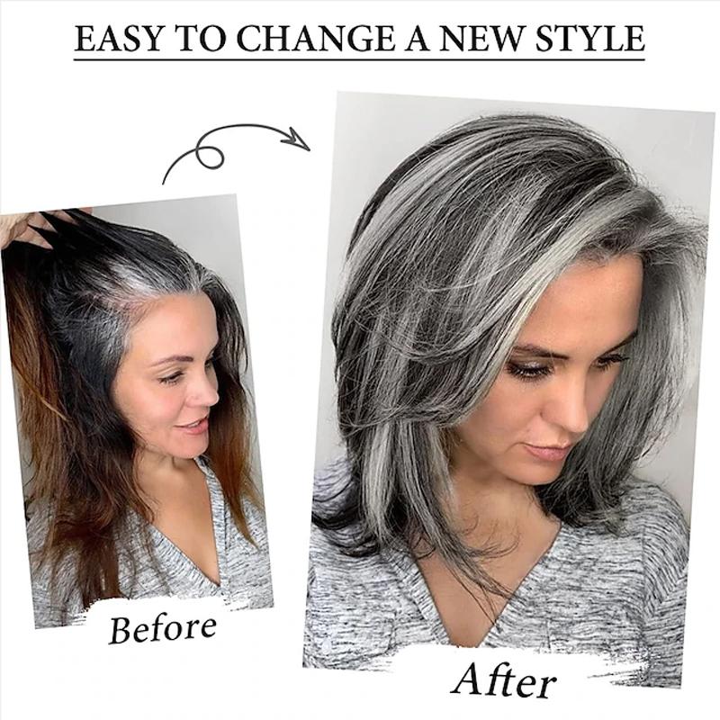 HAIRJOY Dark Gray Ombre Layered Wigs with  Bangs for Black Women Synthetic Hair Short Gray Highlight Straight  Layered Bob Wig