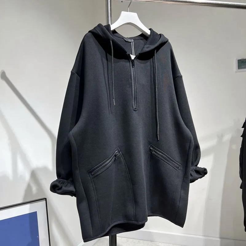 Oversize Loose Mid-length Pocket Sweatshirt for Women with Autumn Half Zipper Hooded Casual Loose Solid Color Pullover