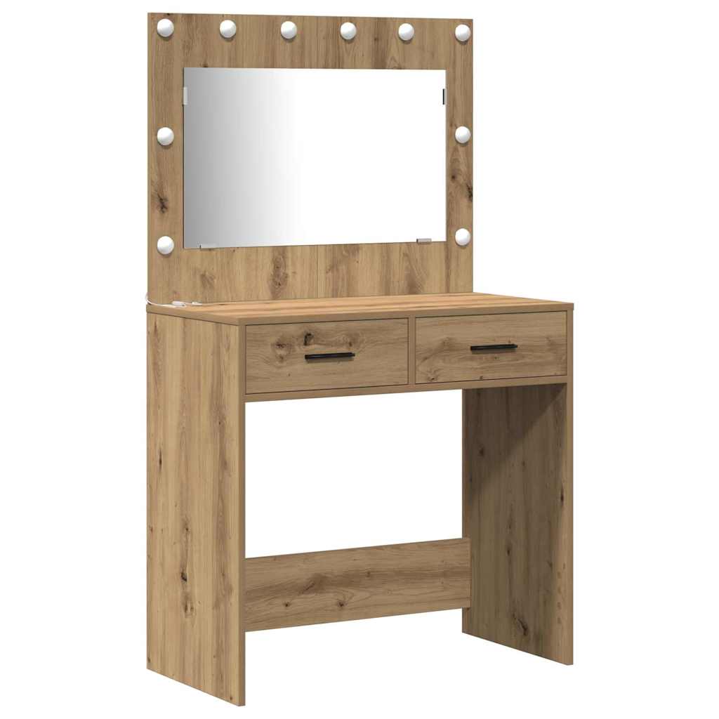 Makeup Table with Mirror Lighting 2 pcs Brown Particleboard