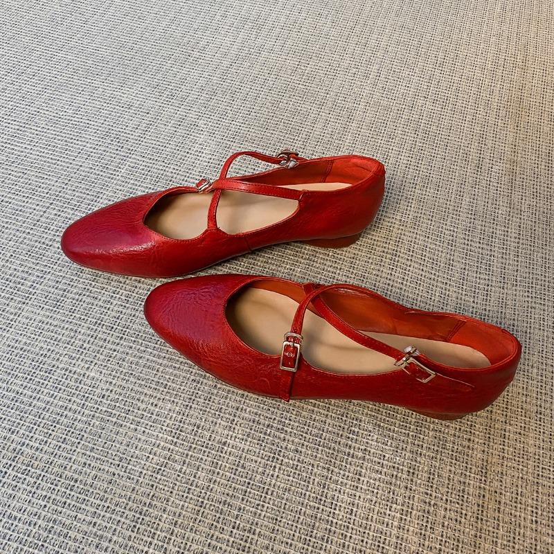 Washed cowhide~ Red ballet shoes retro leather cross-strap Mary Jane shoes women's round head shallow mouth flat-soled single shoes