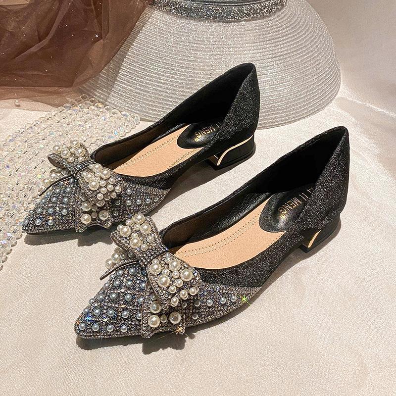 French Pointed Head Shallow Mouth Single Shoes Women's Thick Heel Non-slip Spring 2025 New Soft Sole Low Heel Ladyshoes Bridesmaid Crystal Shoes