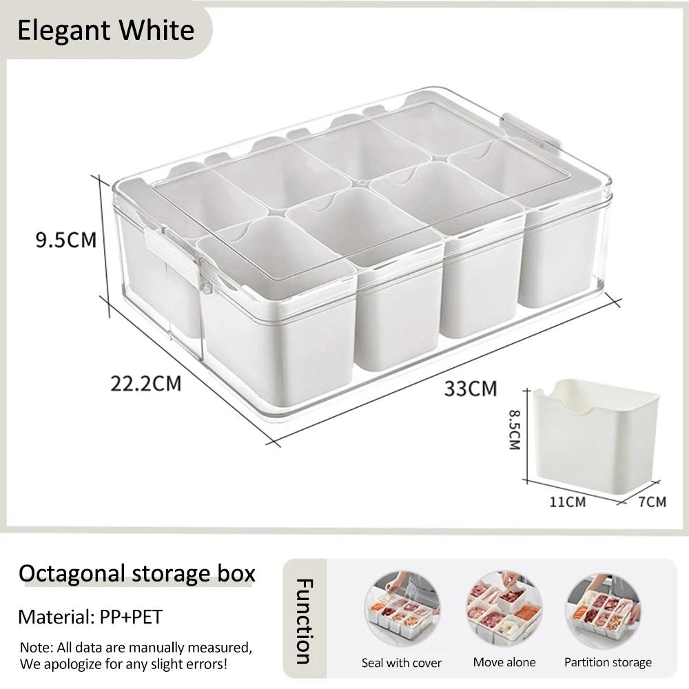 Food Serving Tray with 8 Small with Removable Boxes Spice Storage Jars Seasoning box for Fridge Fruit&Veggie Container with Lid