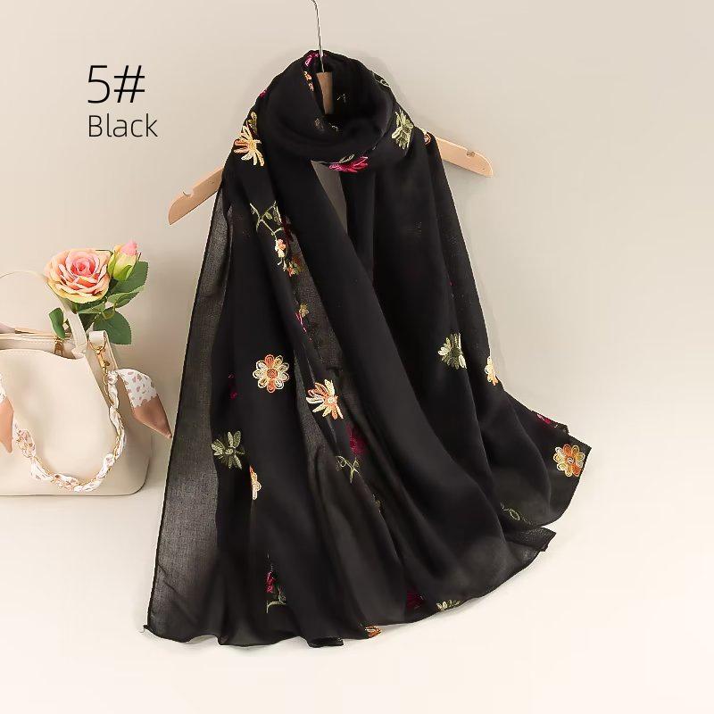 Ethnic Style Embroidered Cotton-Linen Scarf: Thin, Breathable, Fashionable Sun Protection; Wear as Head Wrap or Shawl.
