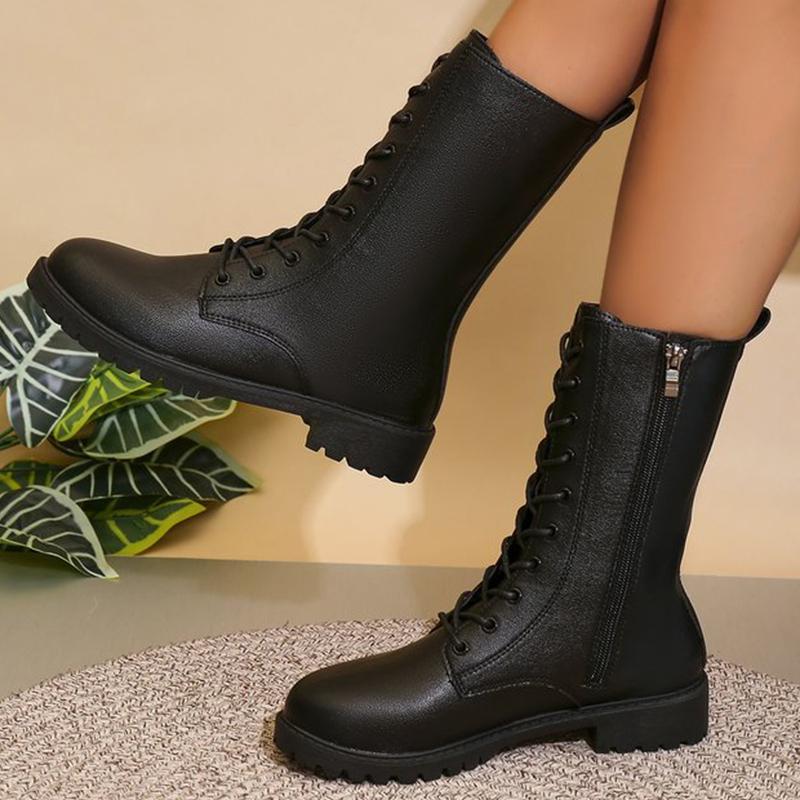 Mode Mode Schnürung Reißverschluss Mid-Calf Stiefel für Damen Herbst Winter 2025 Solide Plattform Moderne Stiefel Frau Quadratischer Absatz Botas Mujer