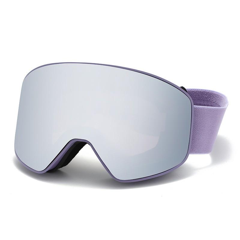 Adult Ski Goggles With Prescription Insert Support Double Lens Anti-Fog Windproof UV Protection Snowboarding Snap-on Purple Frame Silver Lens