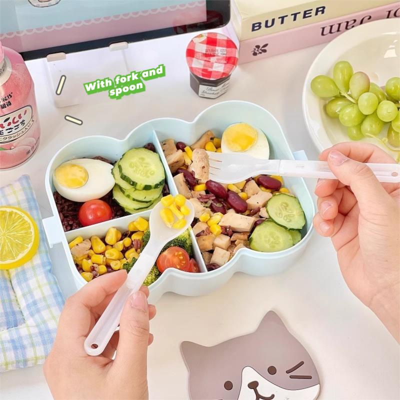 Kawaii Lunch Box With Spoon And Fork For Work School Cute Plastic Picnic Bento Box With Compartment Microwave Food Containers
