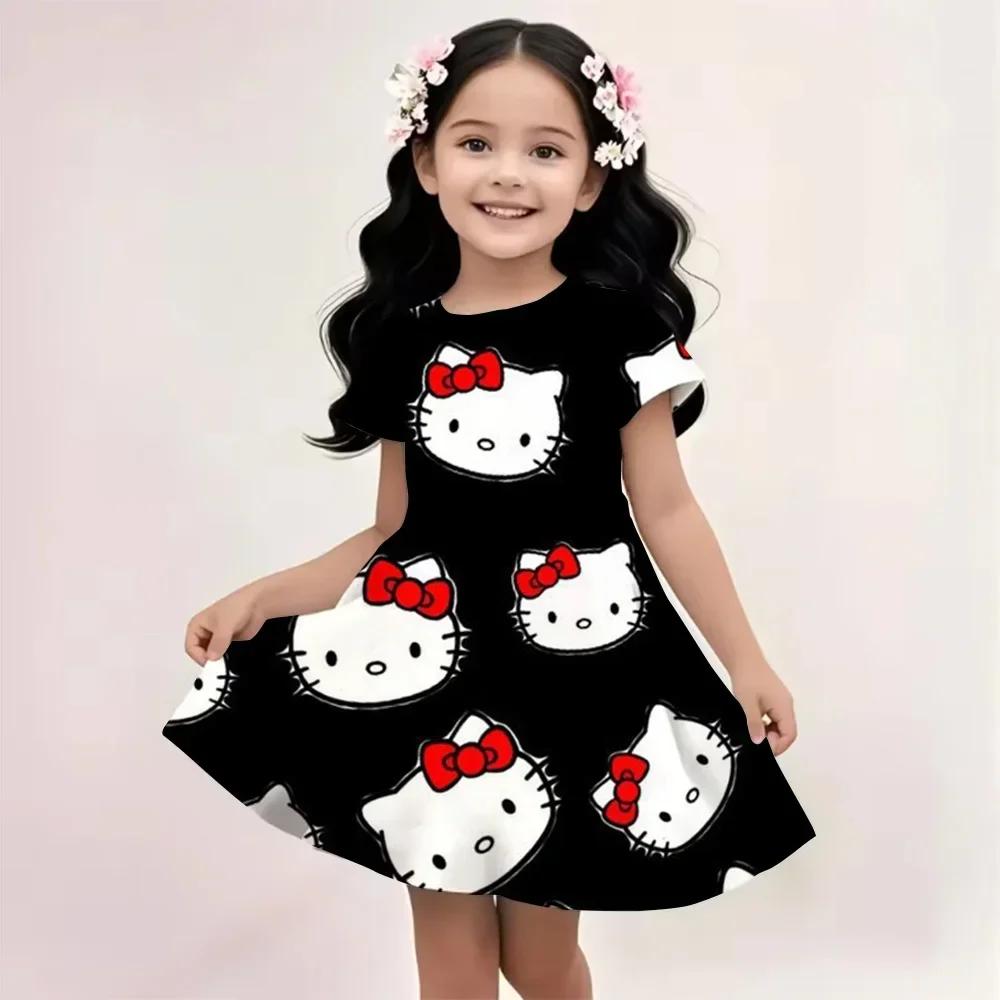 

Sanrio Summer Dress Fashion Cartoon Cute Cinnamoroll Hello Kitty 3D Printing Dress Kid Short Sleeve Princess Clothing Kuromi 100CM