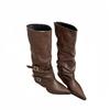 Personalized version~ European and American style thick-heeled trouser boots women's belt buckle pointed temperament fashion long boots retro kn