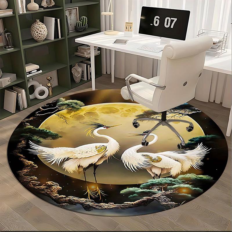 1pc Anime Crane Design Round Carpet Office Chair Mat, Non Slip Rug for Home Decor, All Seasons