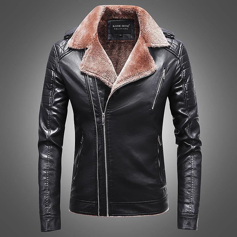 Herren-Lederjacke – PU-Motorrad-Stil mit warmem Samtfutter