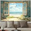2D Summer Ocean Tapestry, Window View with Beach and Flowers for Home Decoration
